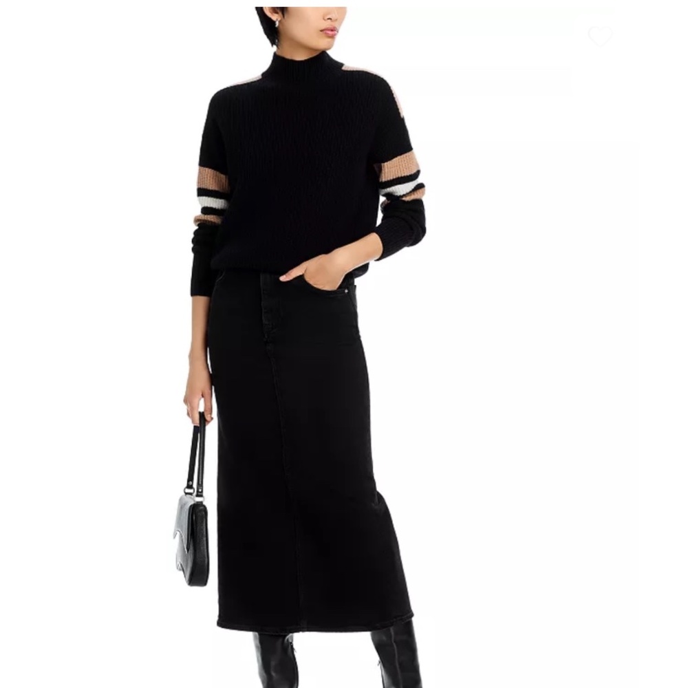 Luxurious 100% Cashmere Stripe Sleeve Mock Neck Sweater By Aqua in Black / Oatme